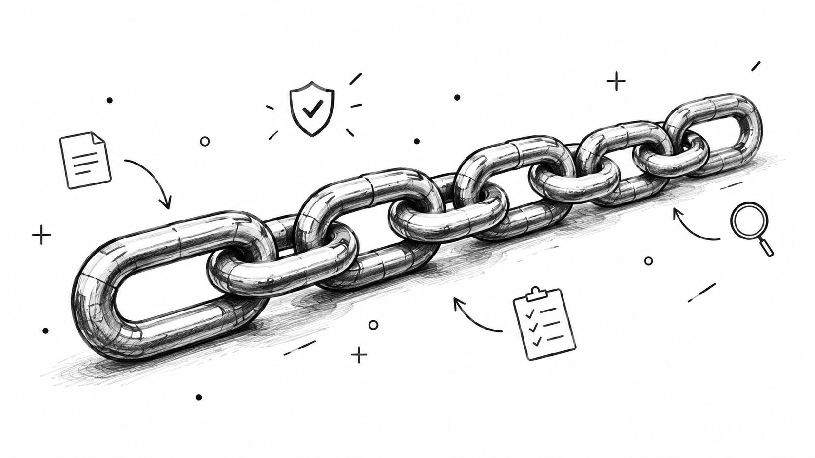 A hand-drawn illustration of a metal chain linked together with icons for document, shield, and clipboard.