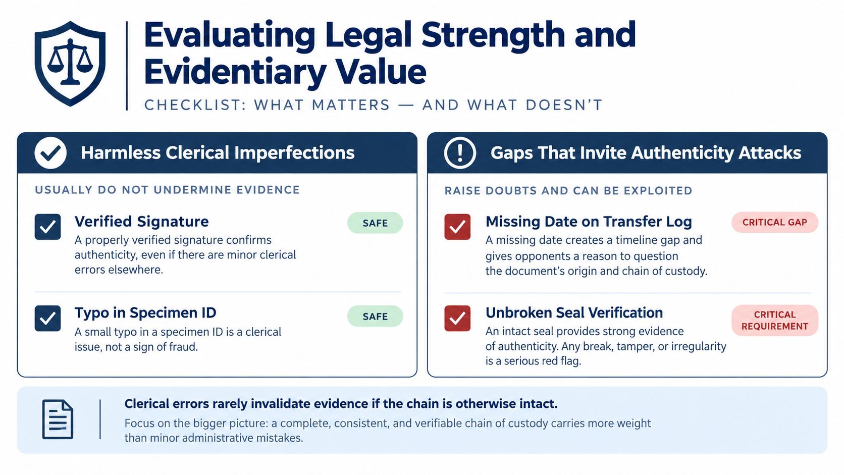 An infographic showing factors that impact the legal strength and evidentiary value of chain of custody documents.