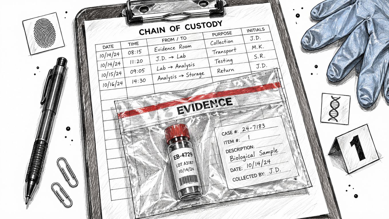 A forensic clipboard featuring a chain of custody log, evidence bag with biological sample, and laboratory gear.