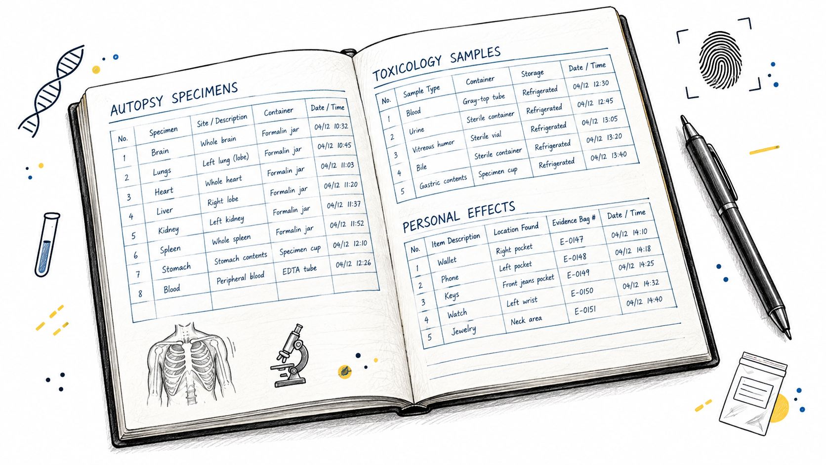 An open notebook containing detailed forensic logs for autopsy specimens, toxicology samples, and personal effects found.