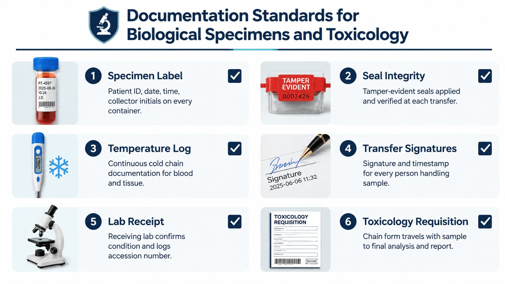 An infographic detailing six essential steps for maintaining proper chain of custody for biological and toxicology specimens.