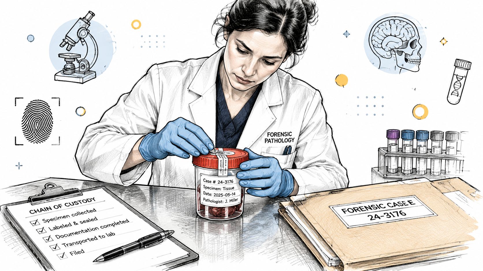 A forensic pathologist in a white lab coat meticulously sealing a specimen container for evidence documentation.
