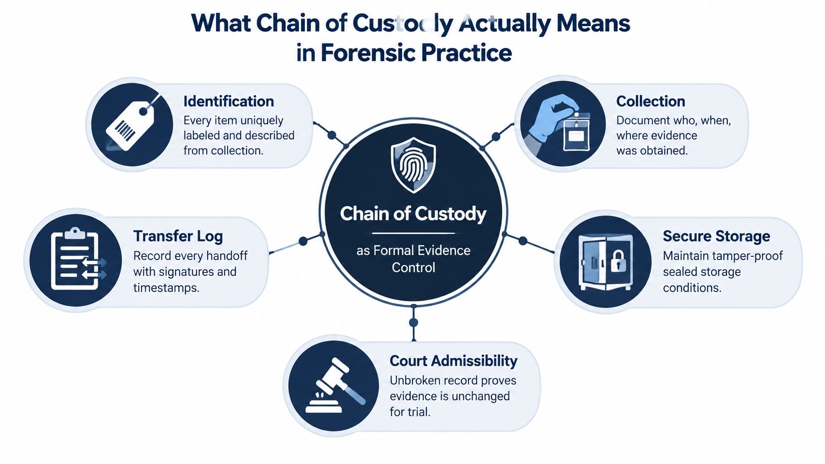 A diagram illustrating the five essential steps of the forensic chain of custody for evidence control.