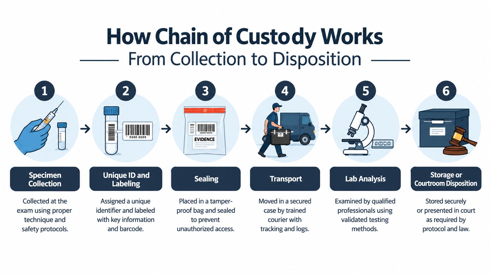 An infographic illustrating the six-step process of maintaining a chain of custody for legal evidence.