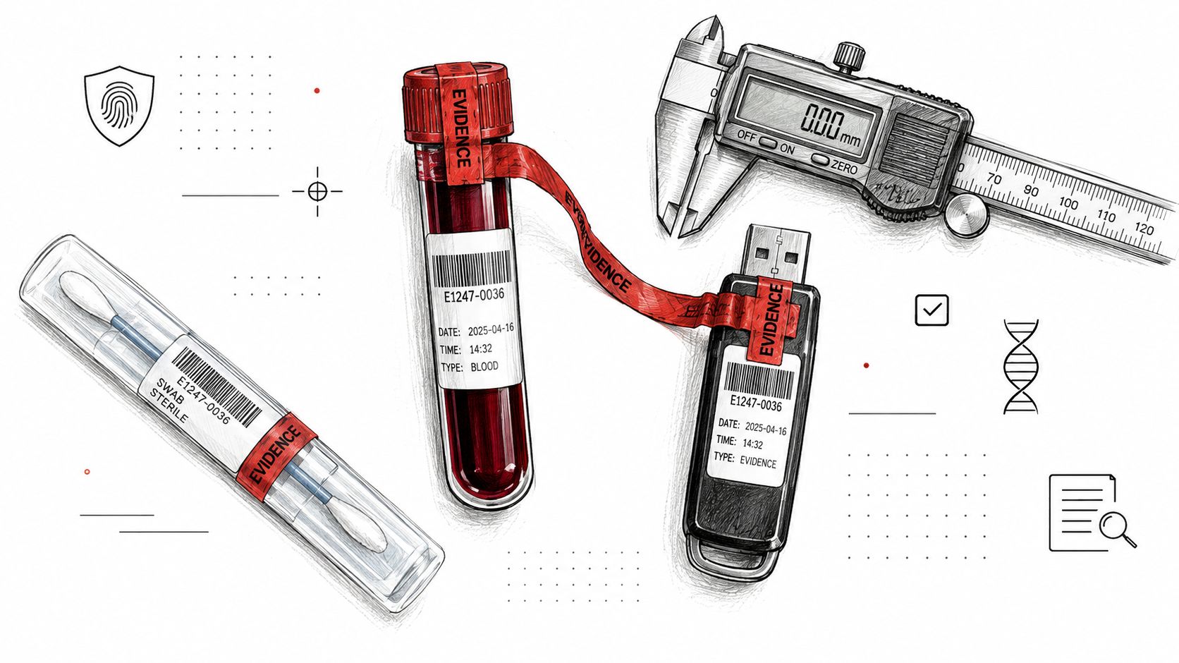 Forensic evidence collection kit featuring a blood sample tube, DNA swab, USB drive, and digital calipers.