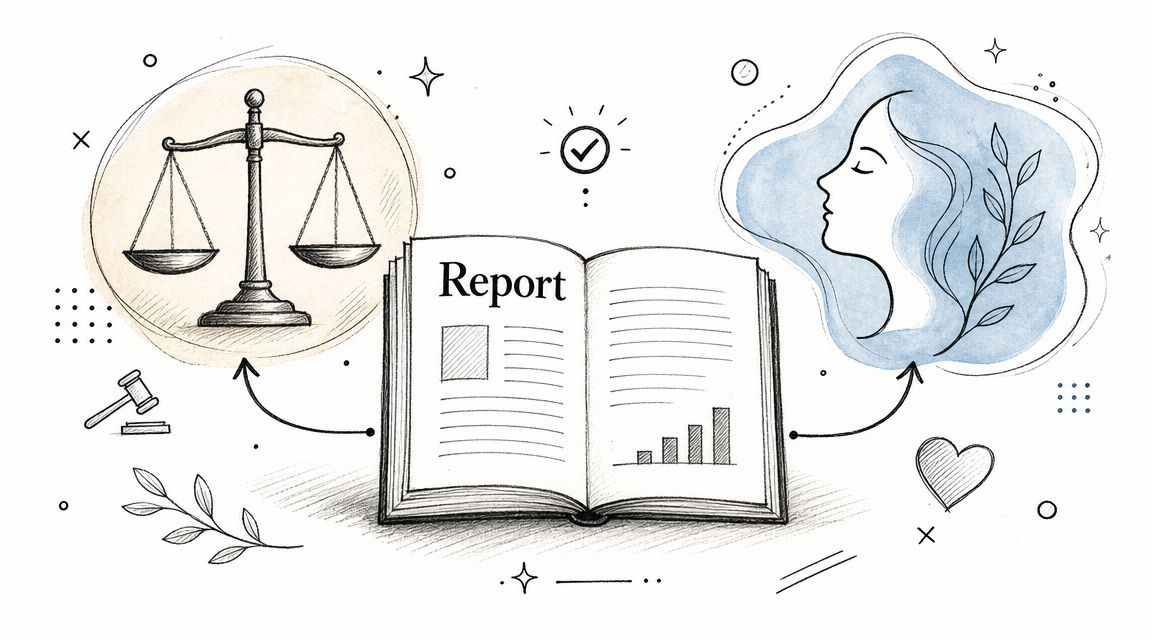 A hand-drawn illustration featuring an open report book between a scale of justice and a female profile silhouette.
