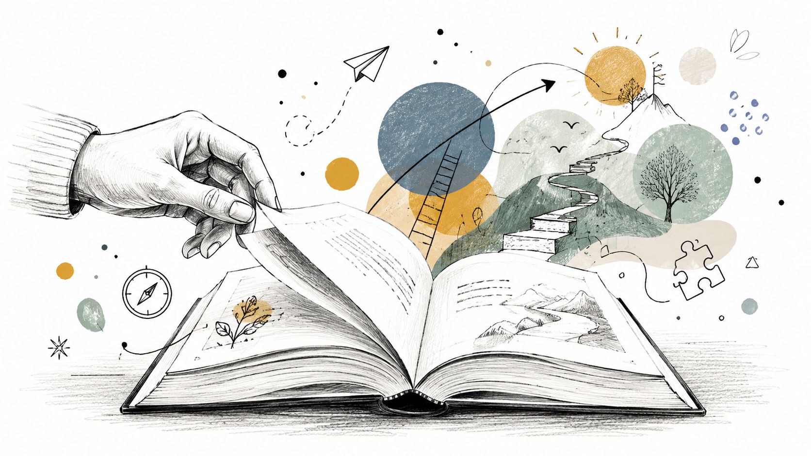 A hand turning the page of a book where illustrative concepts of personal growth and discovery emerge.