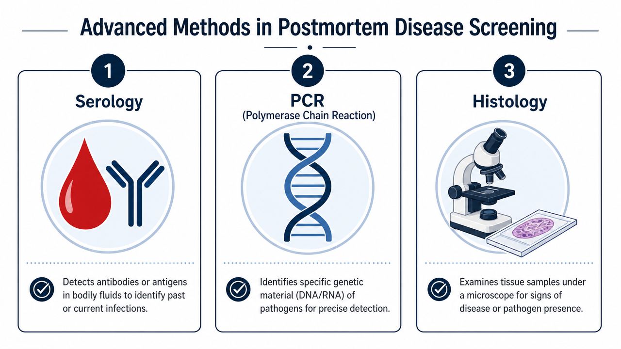 An infographic showing three advanced methods for postmortem disease screening: serology, PCR, and histology analysis.
