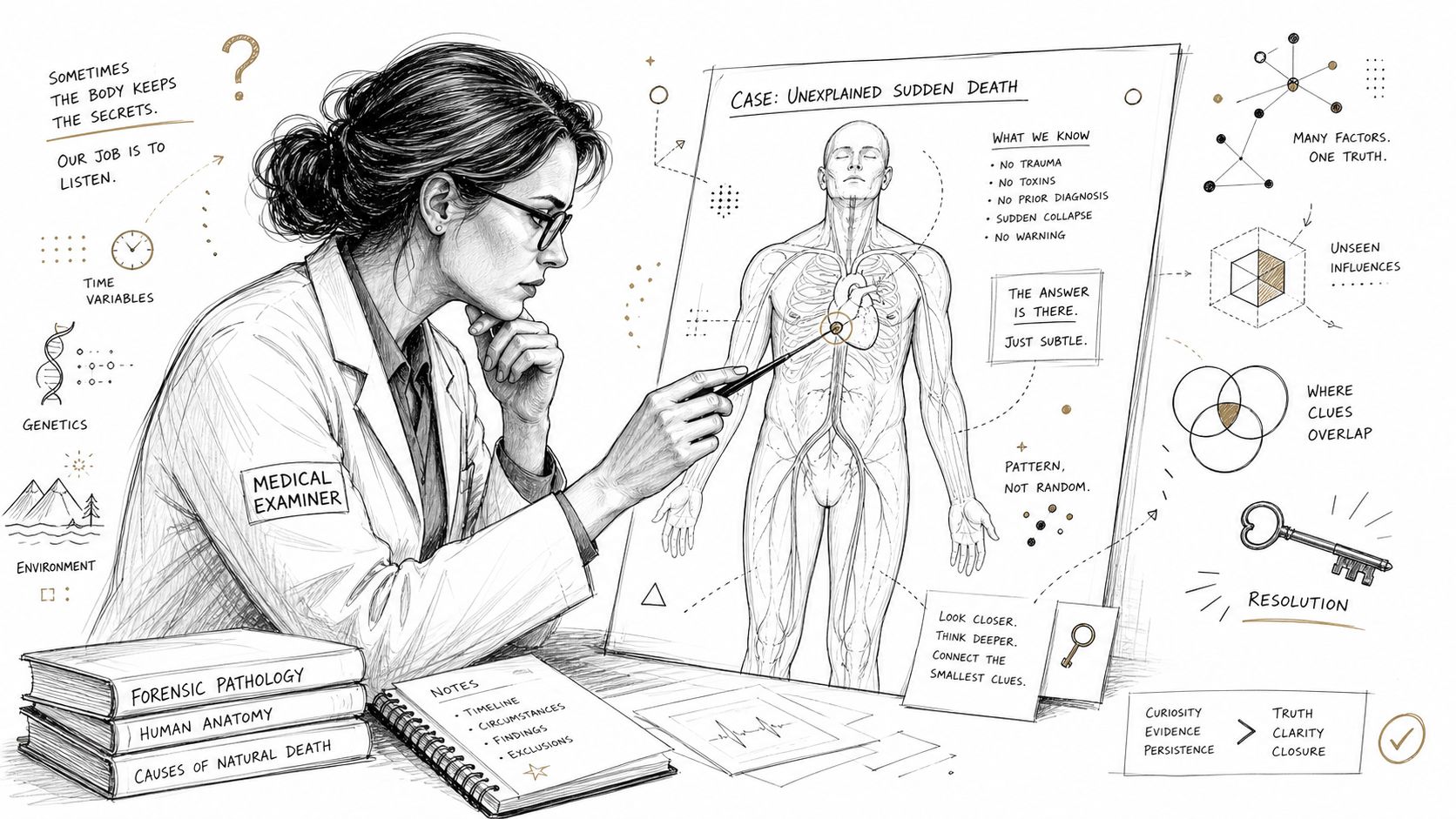 A medical examiner studies anatomical diagrams to solve a case of unexplained sudden death in a sketch style.