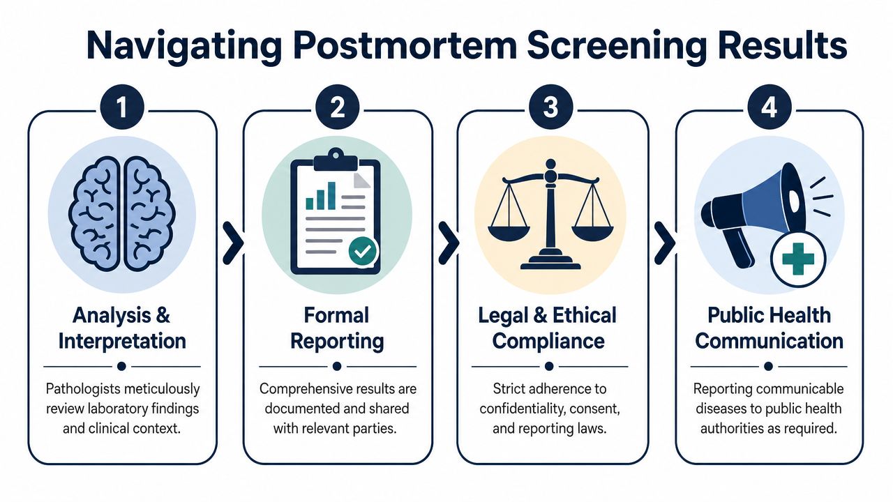 A four-step infographic illustrating the process of navigating and reporting postmortem medical screening results professionally.