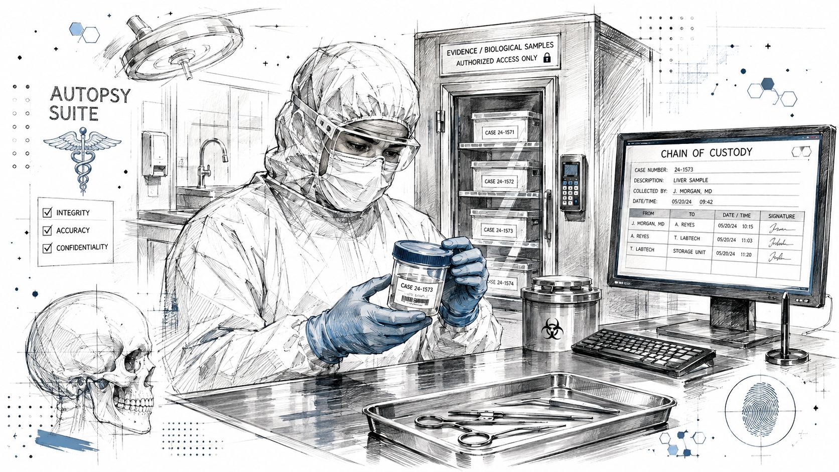 A forensic pathologist in protective gear examines a labeled biological sample in a sterile autopsy suite environment.