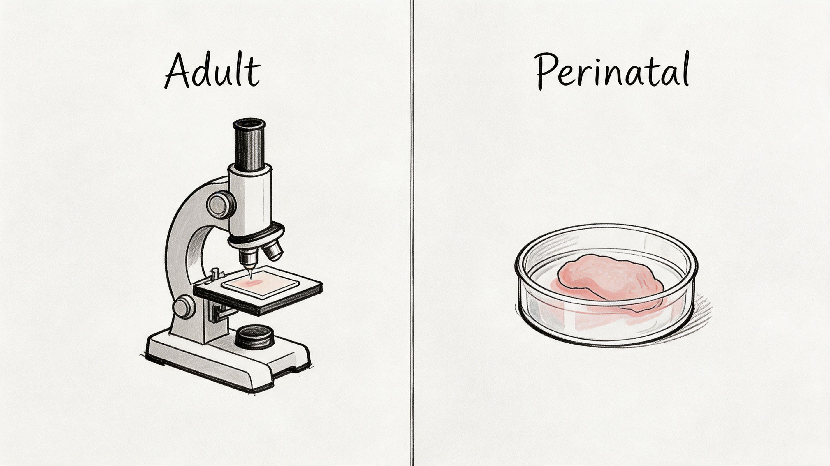 A split image showing a microscope for adult pathology and a petri dish for perinatal research studies.