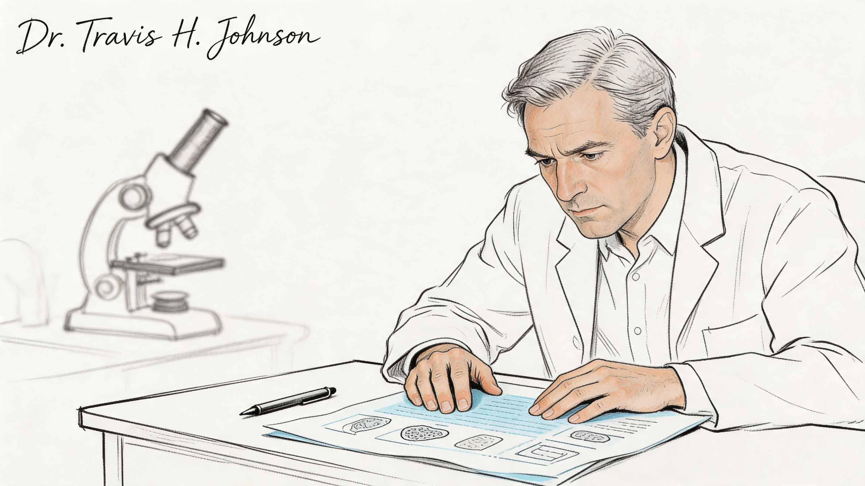 A professional pathologist examining medical documents at a desk with a microscope in the background.