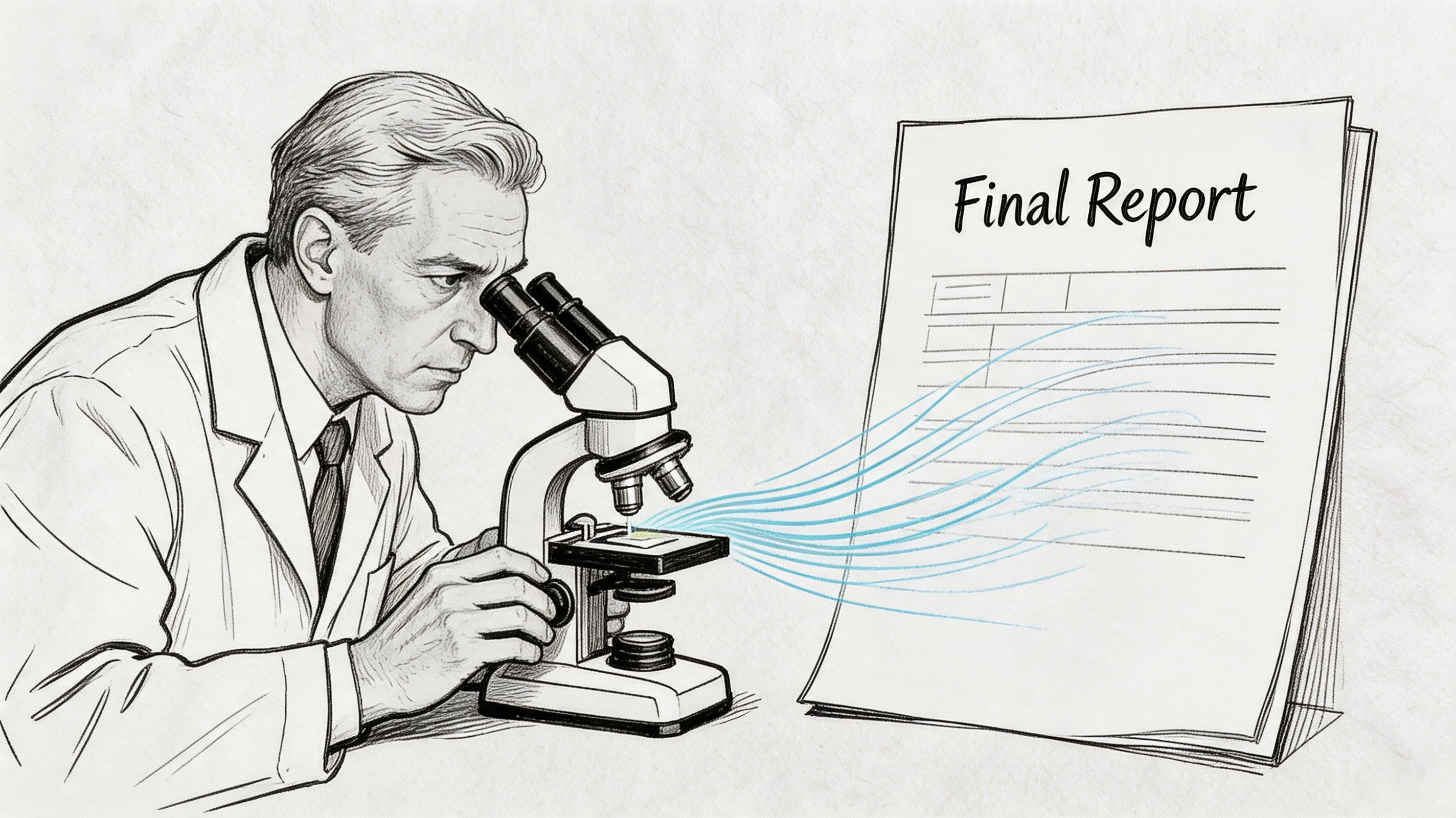 A scientist in a lab coat examining a sample through a microscope, with lines pointing to a document.