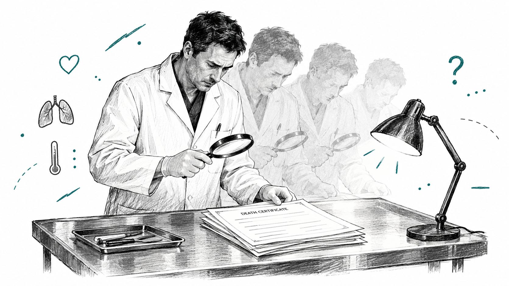 A forensic pathologist examining a death certificate with a magnifying glass in a medical laboratory setting.