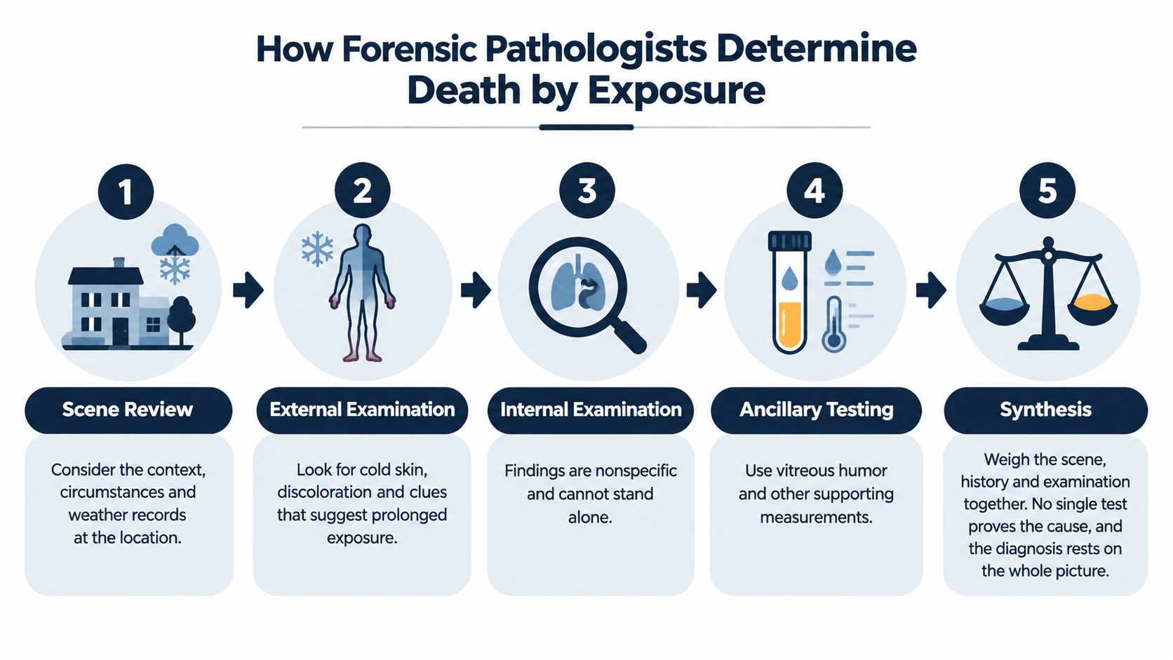 An infographic showing the five steps forensic pathologists follow to determine death caused by environmental exposure.