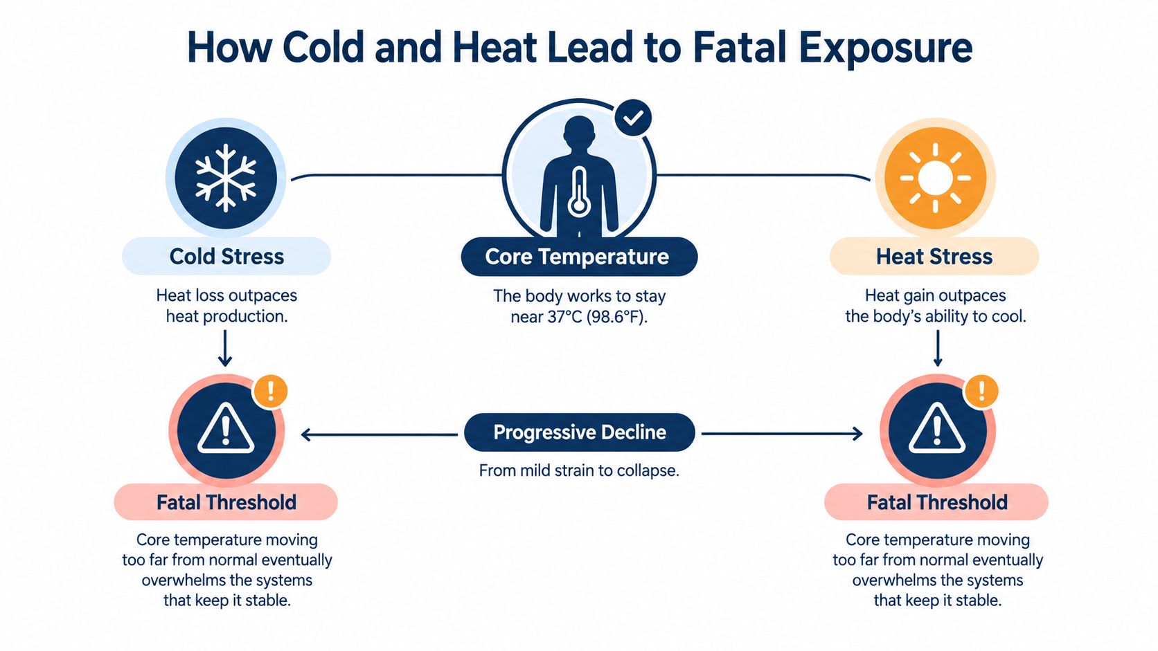 A diagram illustrating how extreme cold or heat can cause fatal body temperature changes and system collapse.