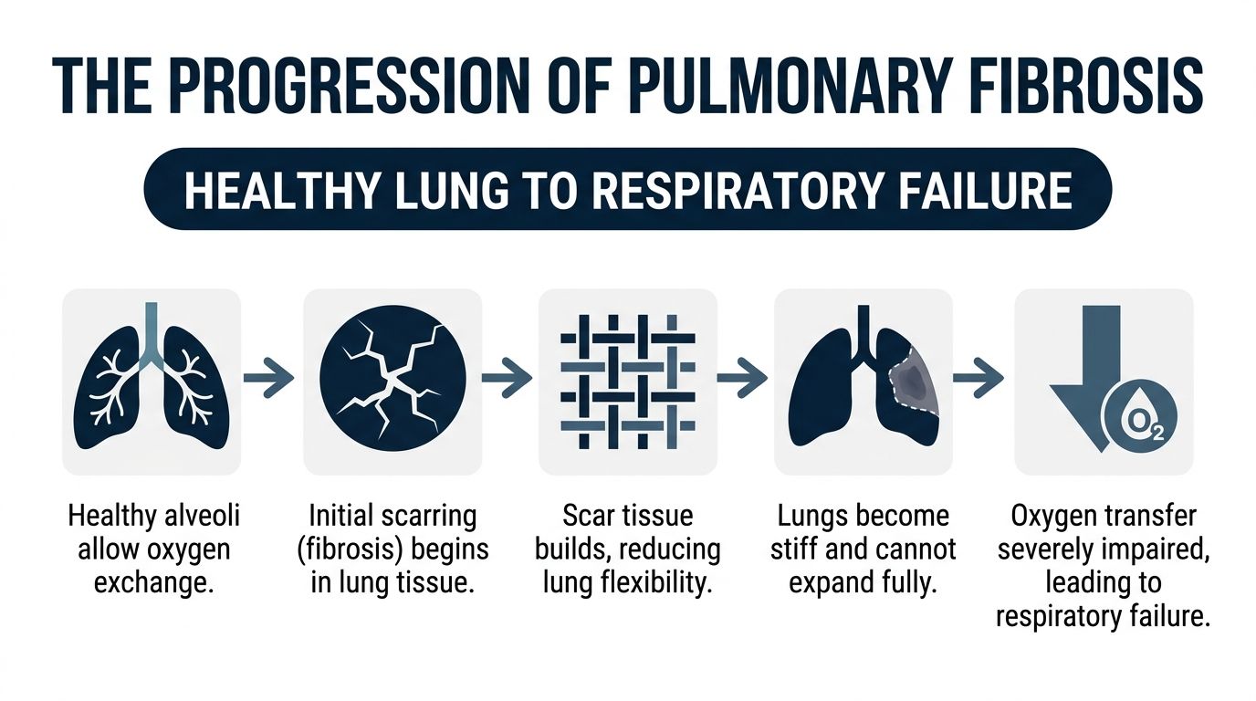 A diagram illustrating the progression of pulmonary fibrosis from healthy lungs to respiratory failure in five steps.