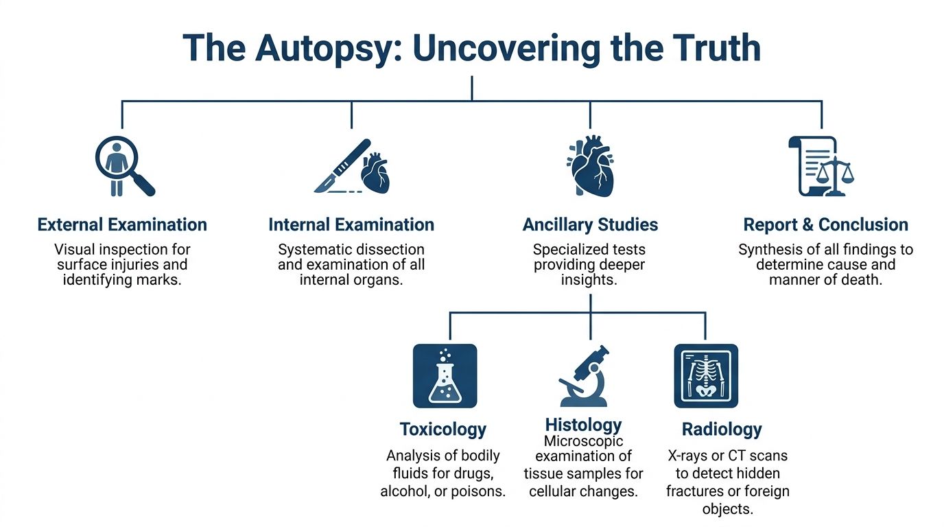 A flowchart infographic detailing the steps of an autopsy, from initial examination to final conclusions.
