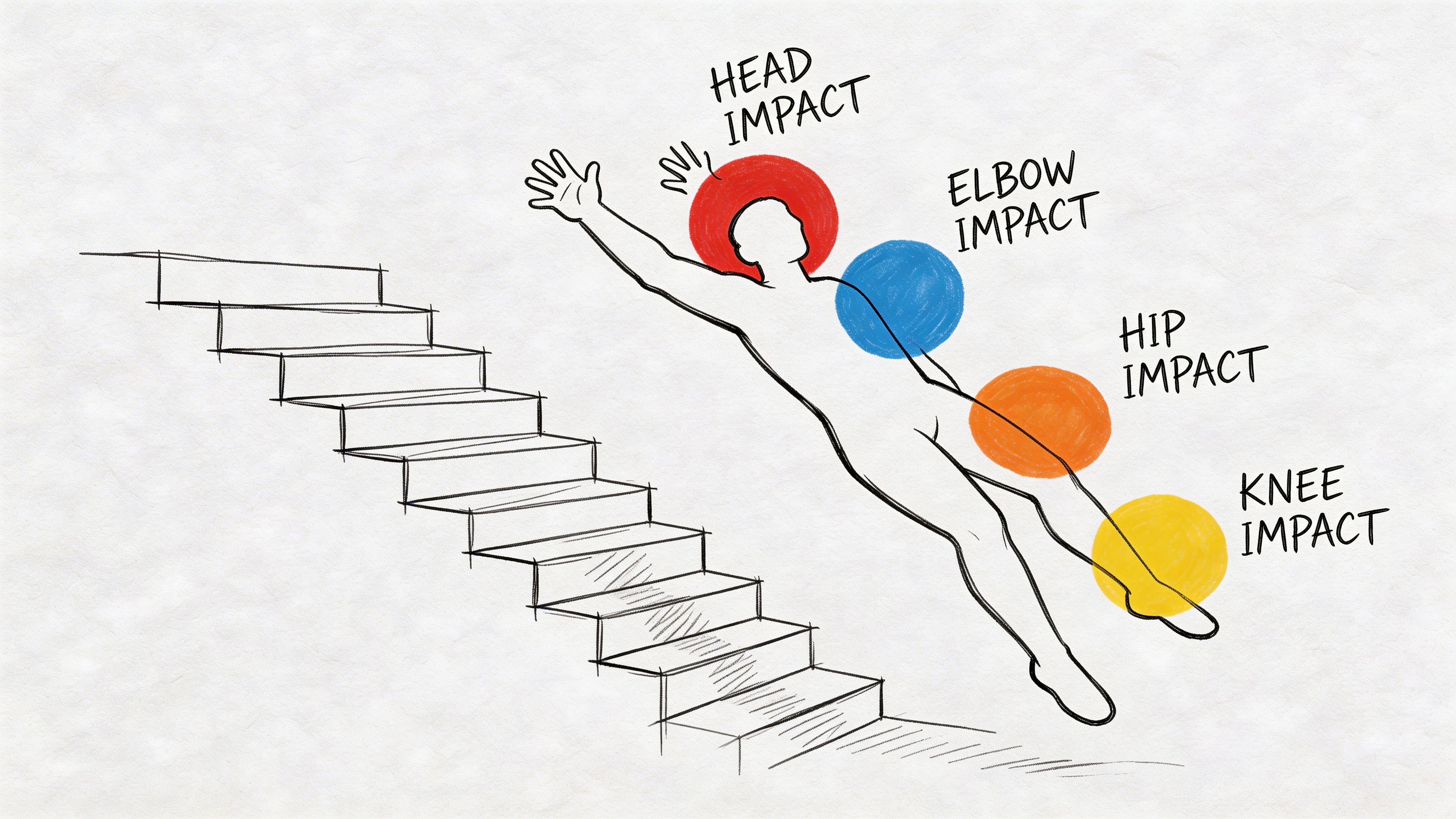A line drawing illustration showing a person falling down a flight of stairs with highlighted impact points.