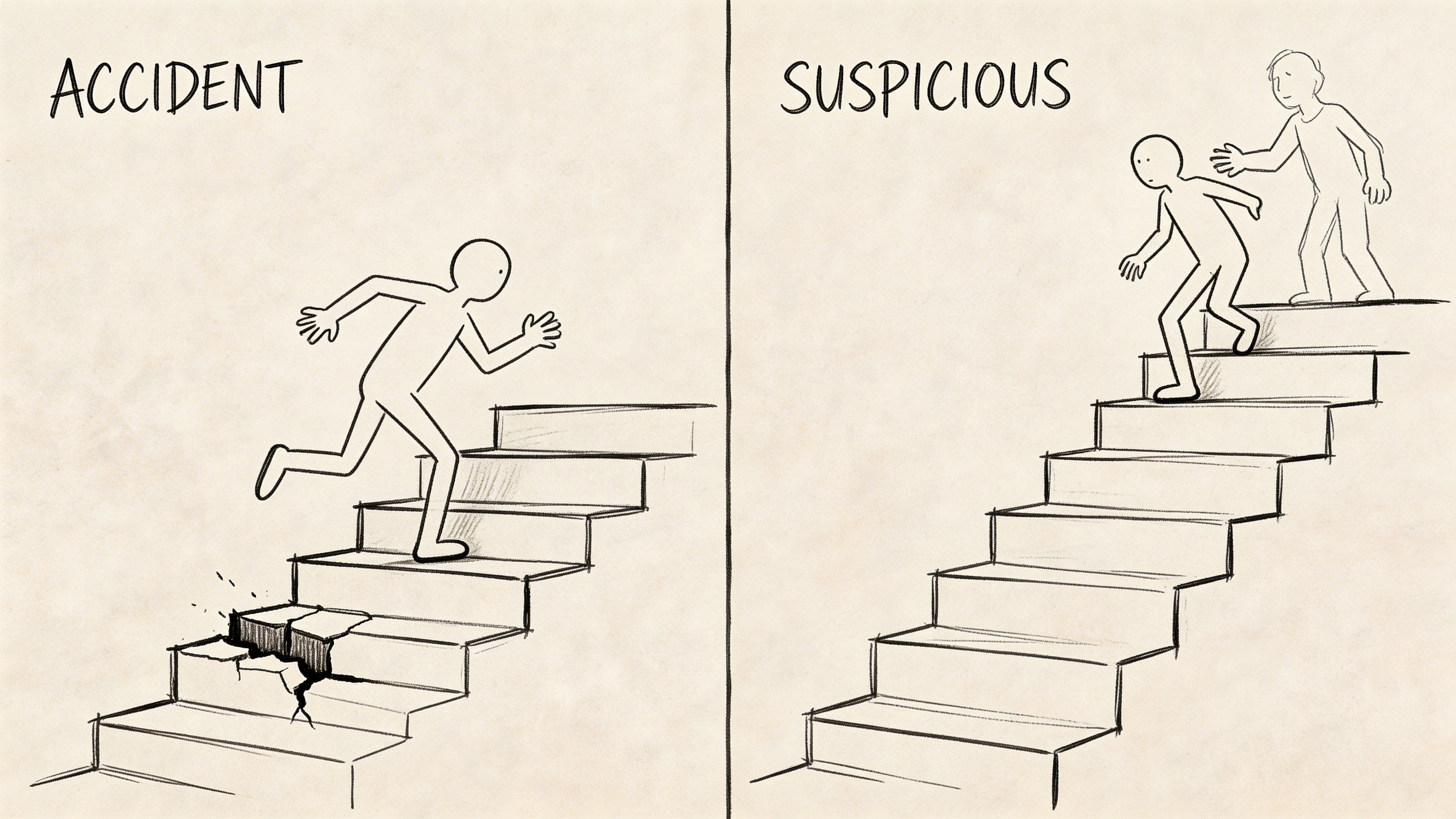 A split-screen illustration contrasting a fatal accidental fall on broken stairs with a suspicious push situation.