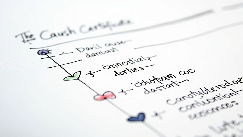 A handwritten diagram titled "The Cause Certificate" illustrating a causal chain with colored nodes and text labels.