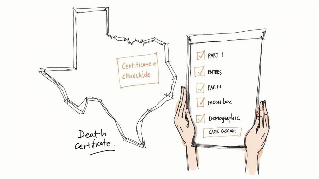 An illustration of hands holding a death certificate checklist next to a Texas map with related text.