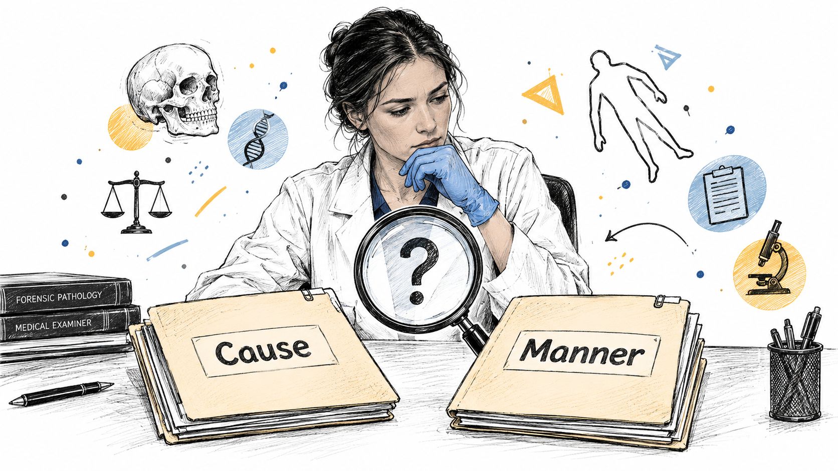 A forensic pathologist studies files labeled Cause and Manner while pondering a complex death scene investigation case.