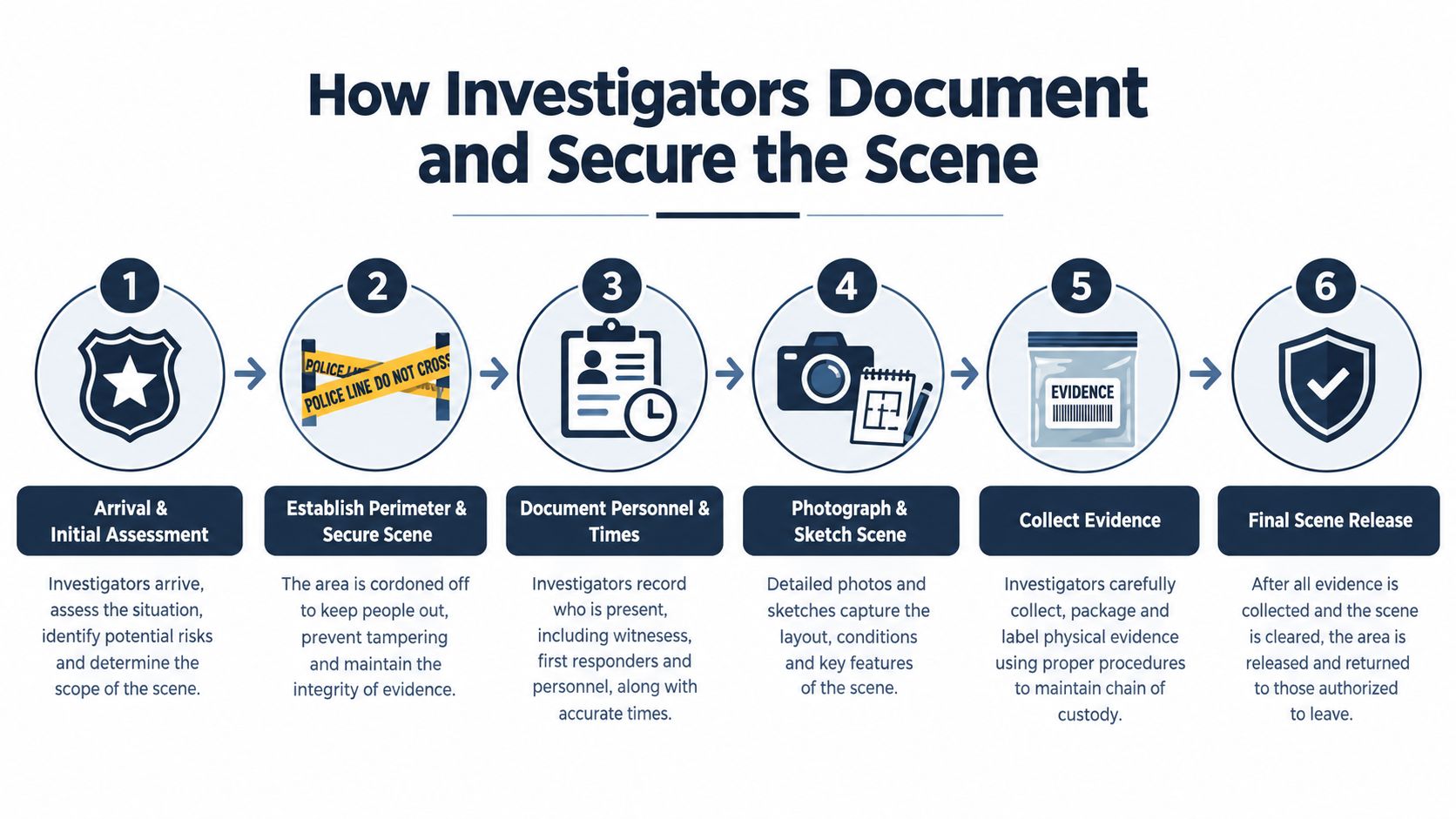 A six-step infographic detailing the process investigators use to document and secure a forensic crime scene.