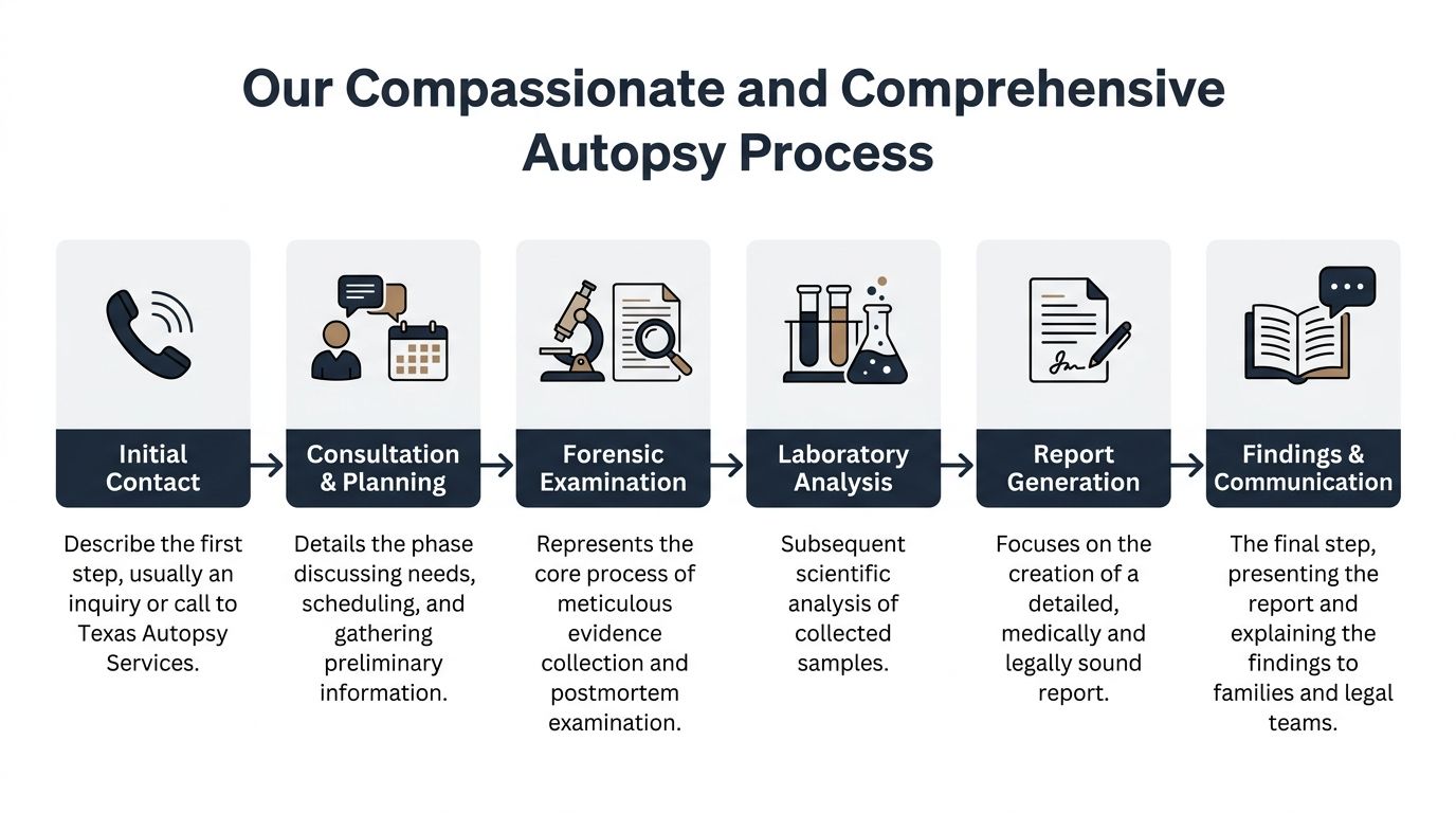 A flowchart infographic detailing the six steps of a compassionate and comprehensive professional autopsy process.