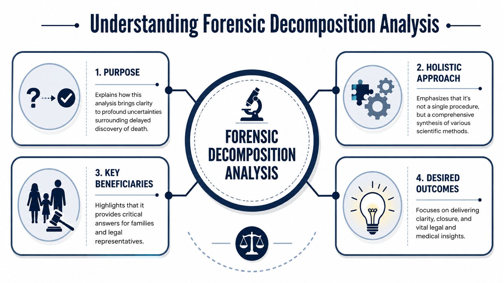 An infographic titled Understanding Forensic Decomposition Analysis explaining its purpose, holistic approach, beneficiaries, and desired outcomes.