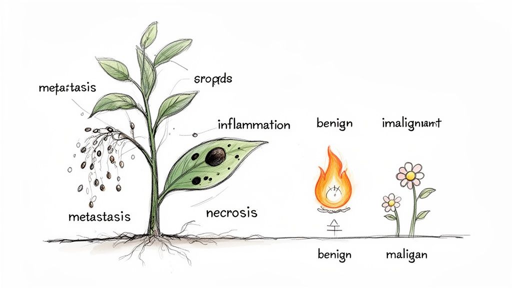 A hand-drawn illustration of a plant with labels like metastasis, inflammation, necrosis, and symbols for benign and malignant conditions.