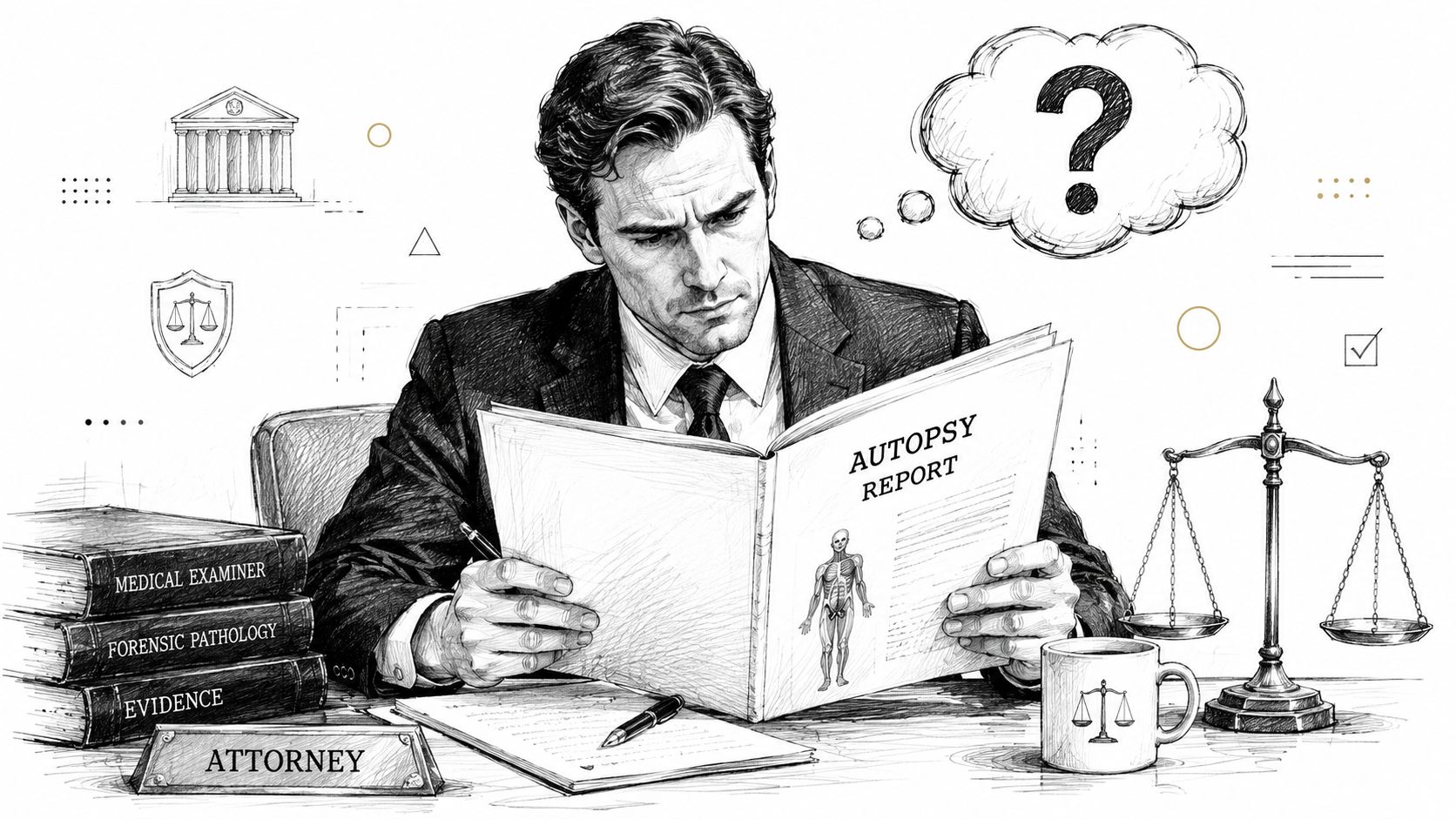 A professional attorney at his desk reviewing a detailed autopsy report with a thoughtful expression.