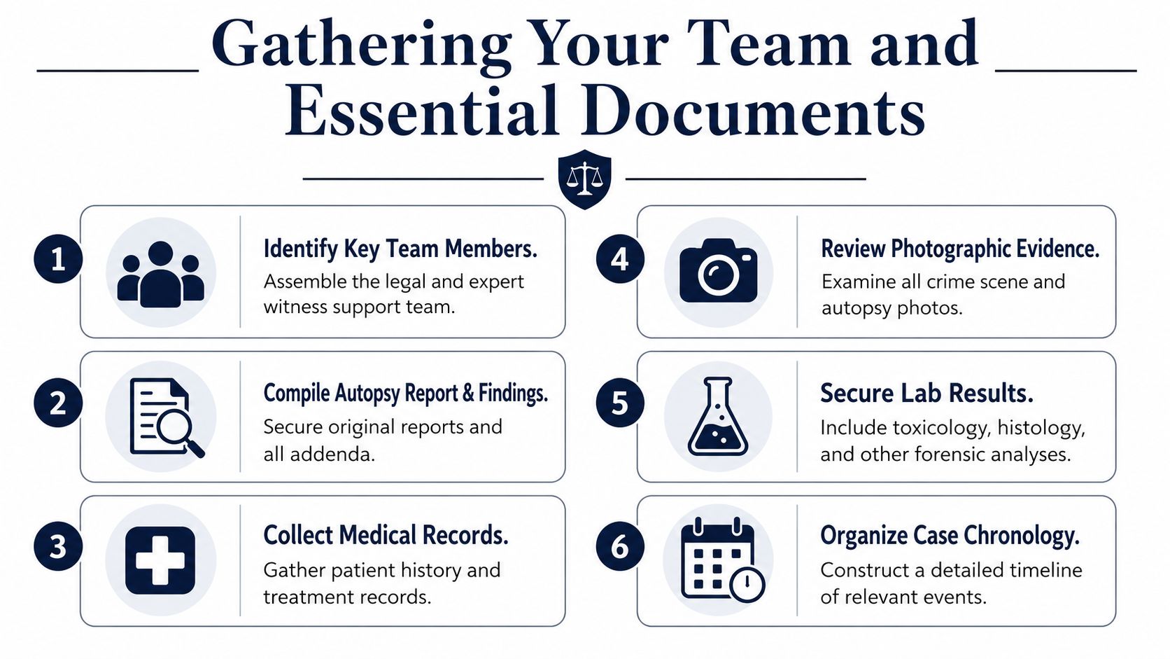 A six-step infographic on legal preparation showing tasks to assemble a team and collect essential documents.