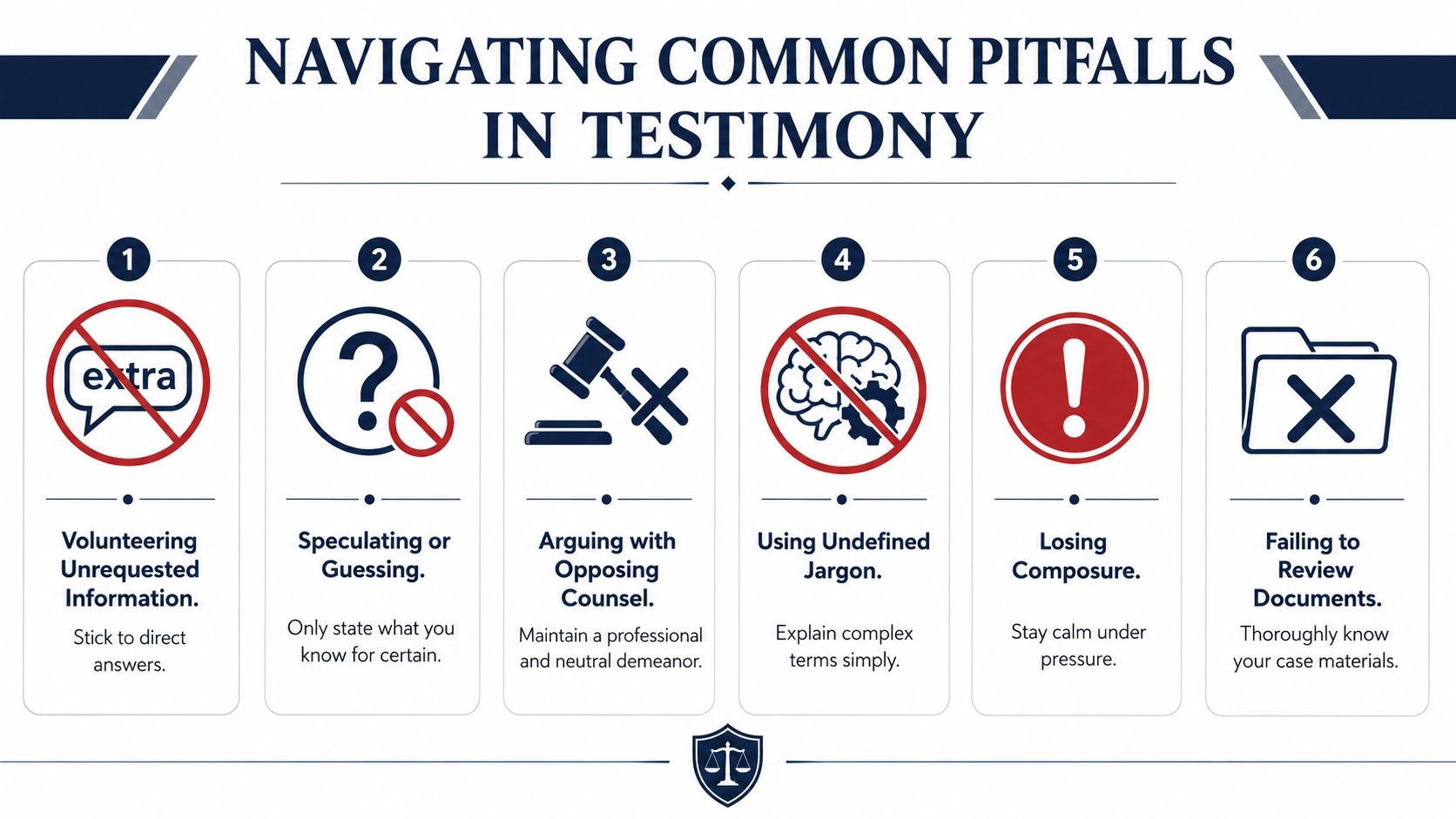 A professional infographic titled Navigating Common Pitfalls in Testimony, highlighting six key mistakes to avoid during legal testimony.