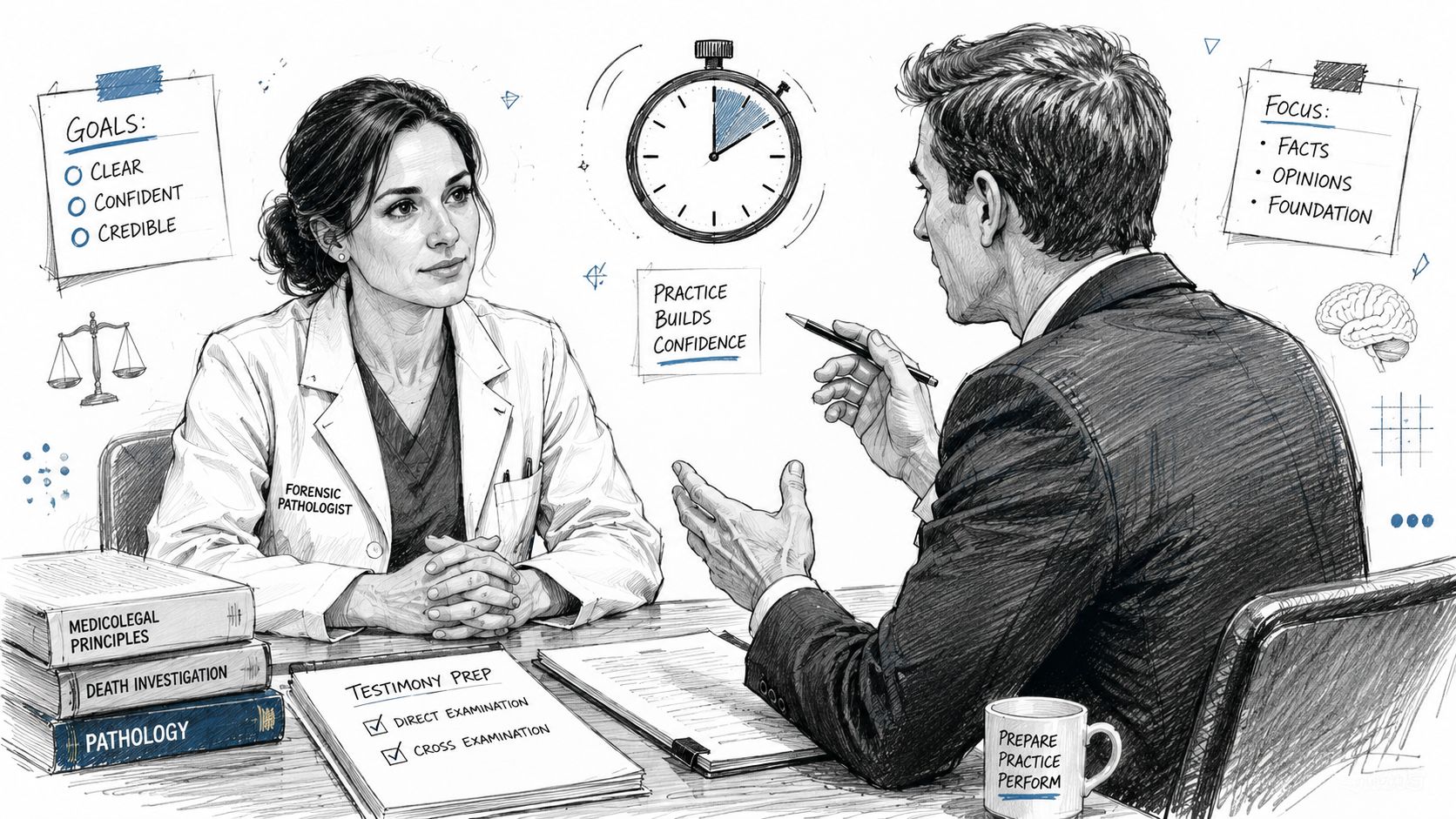 A forensic pathologist consulting with an attorney for deposition preparation to build confidence and credibility.