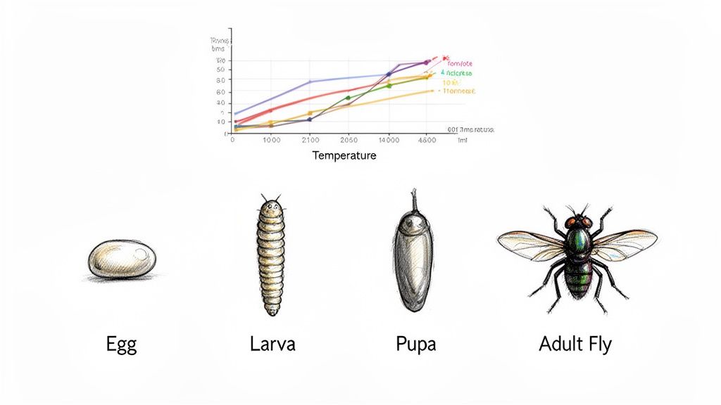Illustrations depicting the four stages of a fly's life cycle: egg, larva, pupa, and adult fly, with a graph above.