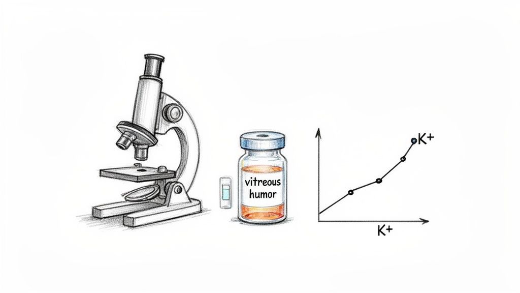 A microscope, a vial of vitreous humor, and a graph plotting potassium levels.
