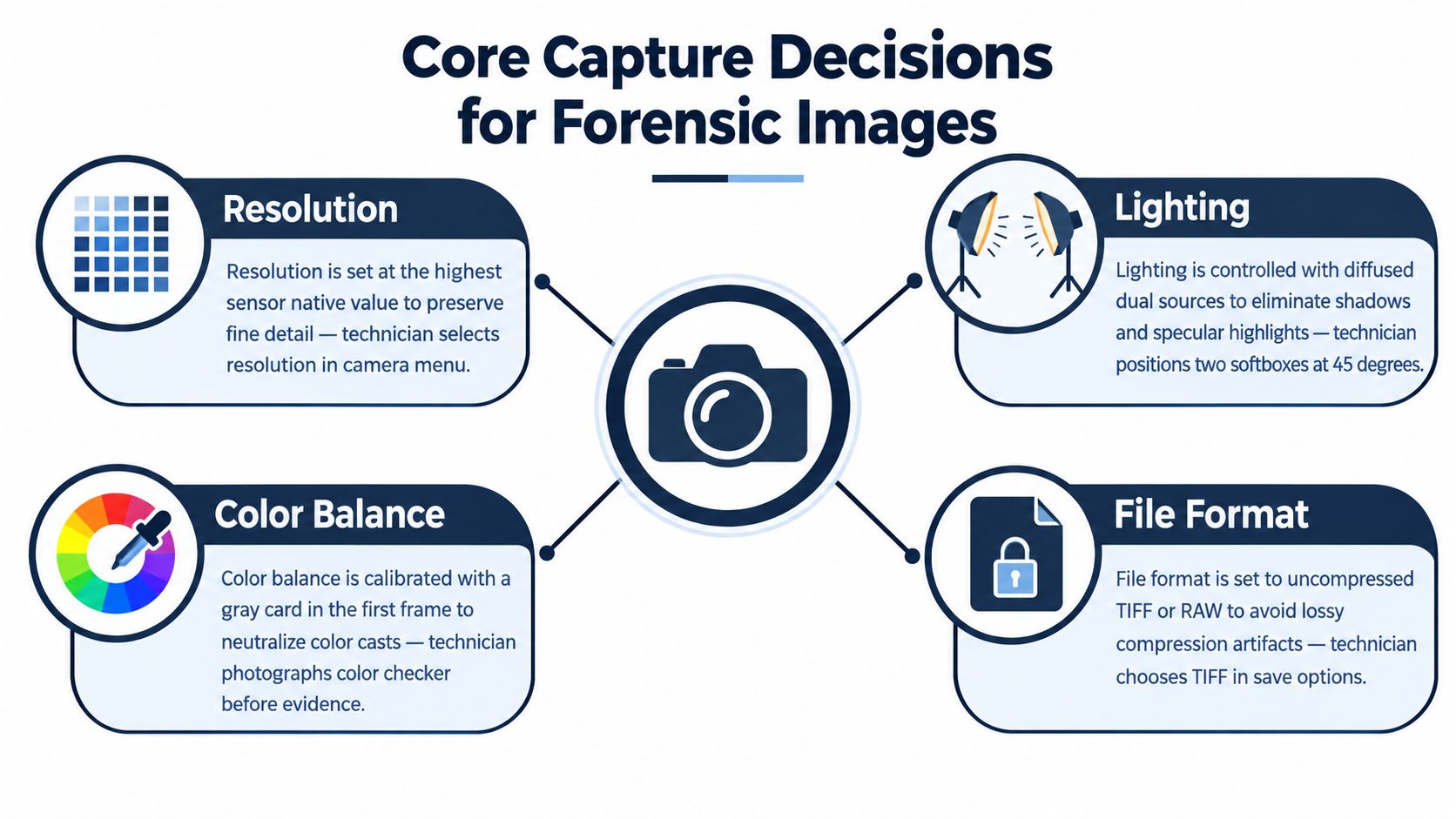 An infographic titled Core Capture Decisions for Forensic Images displaying four key photography parameters for evidence.