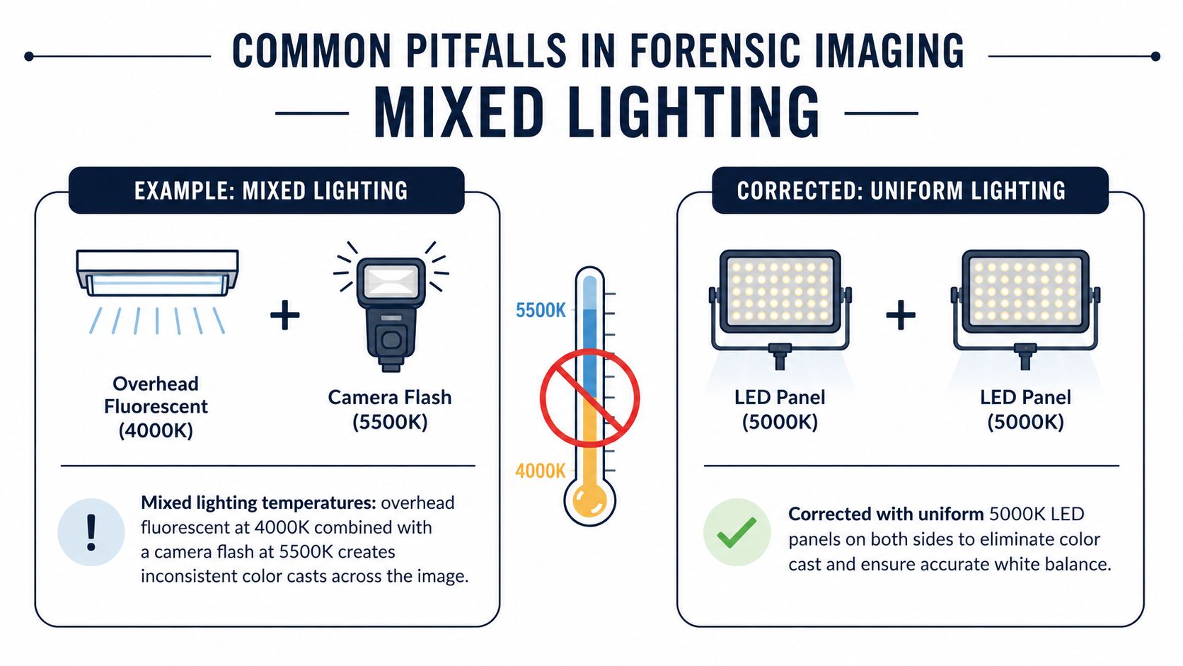 A diagram comparing mixed lighting pitfalls with uniform lighting solutions for accurate forensic photography color balance.
