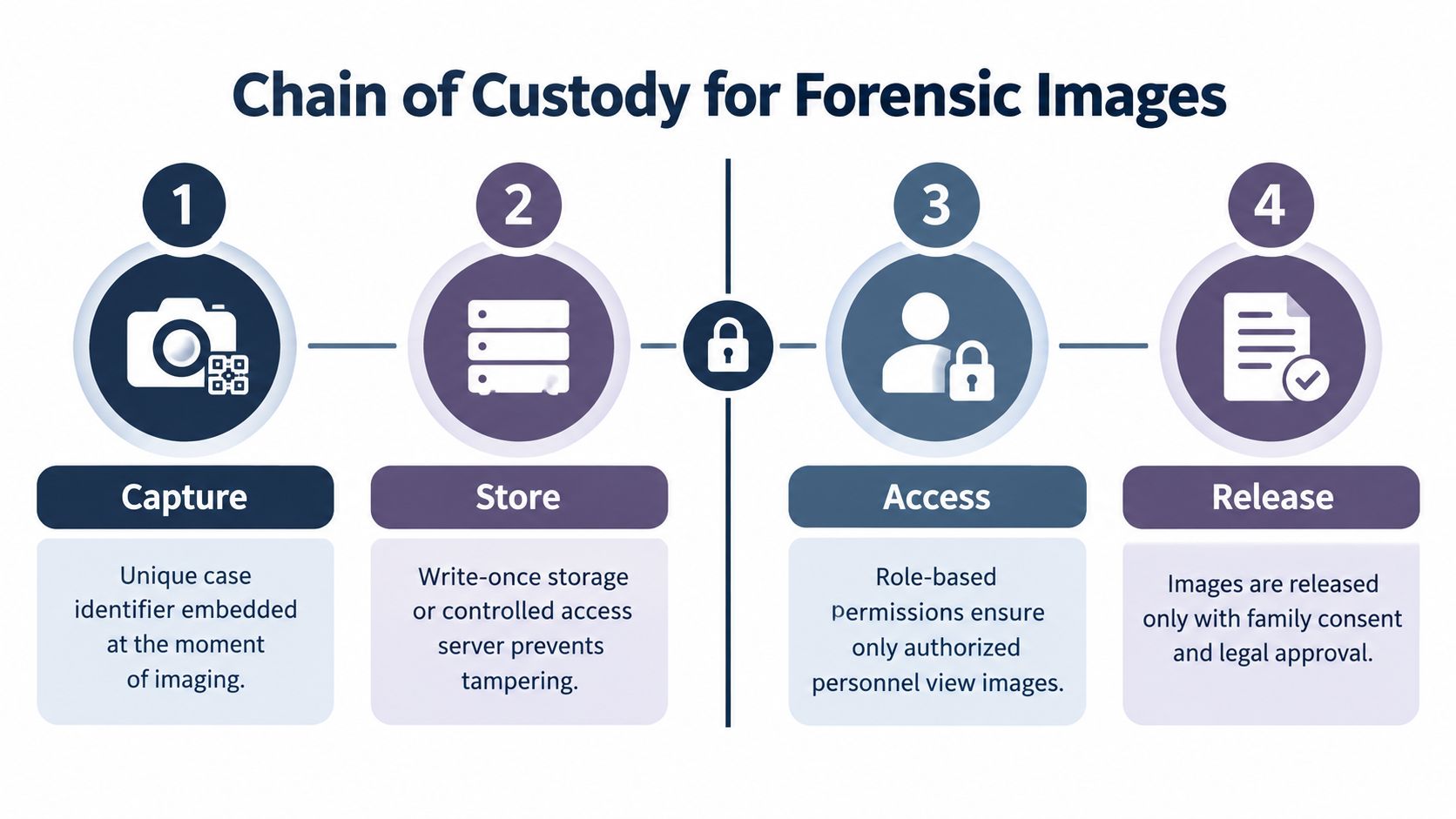 A diagram illustrating the four-step chain of custody process for securing forensic digital imaging.