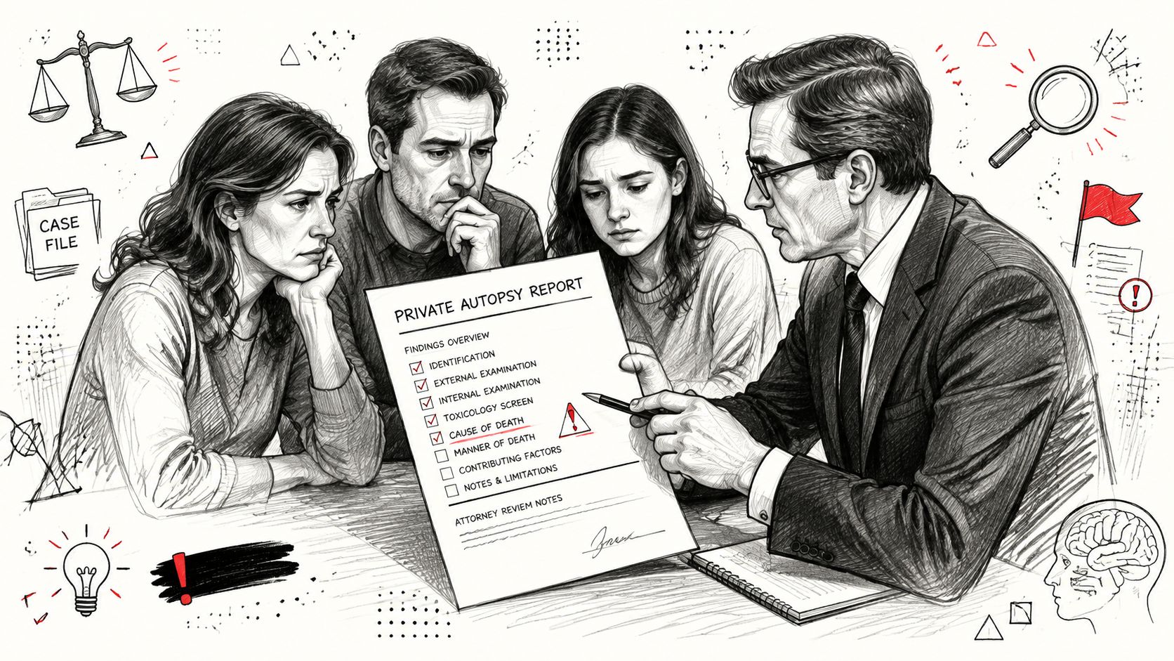 A professional lawyer explains a private autopsy report to a grieving family during a legal consultation.