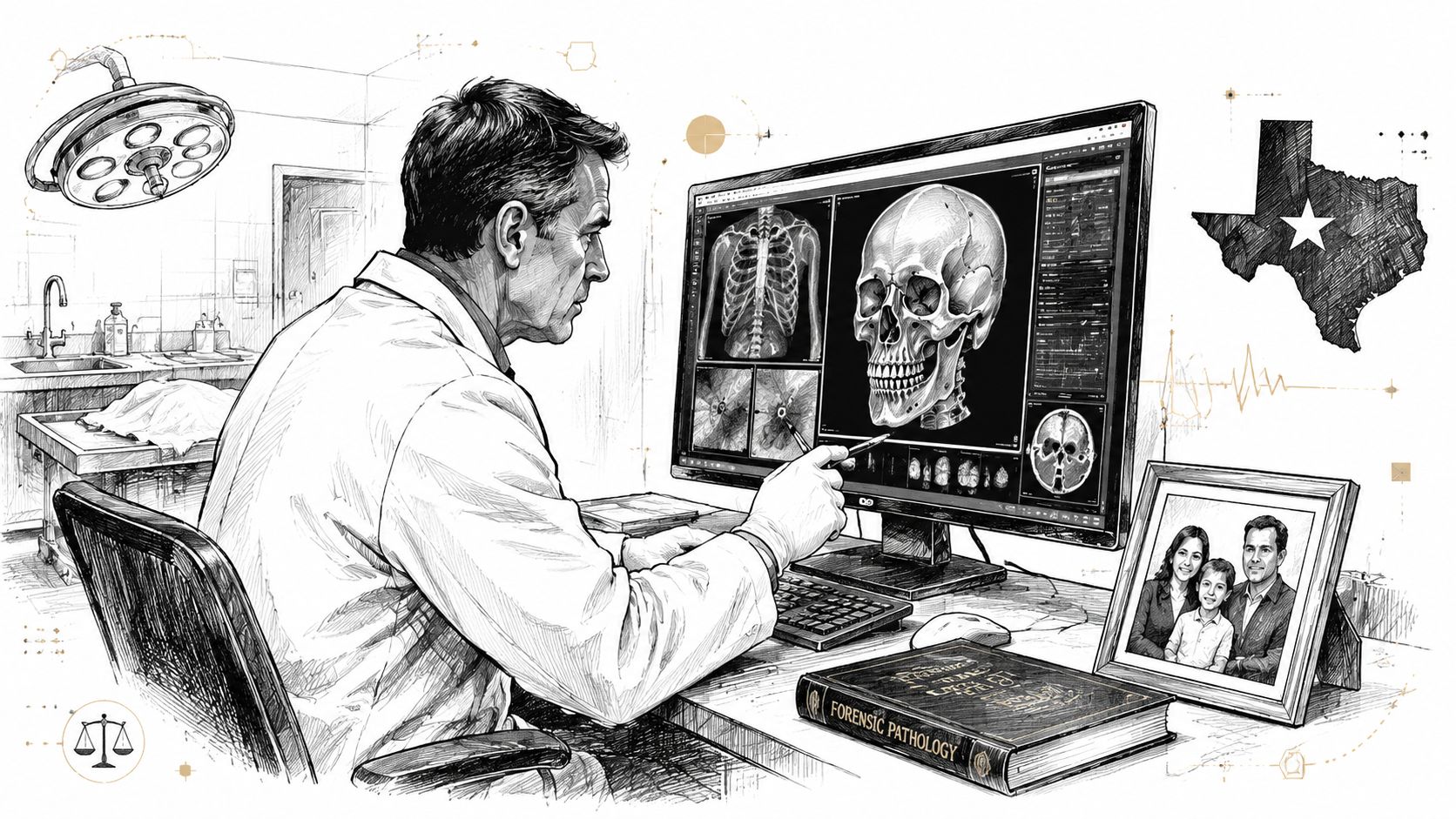A forensic pathologist examining medical images on a computer monitor in a professional medical office setting.