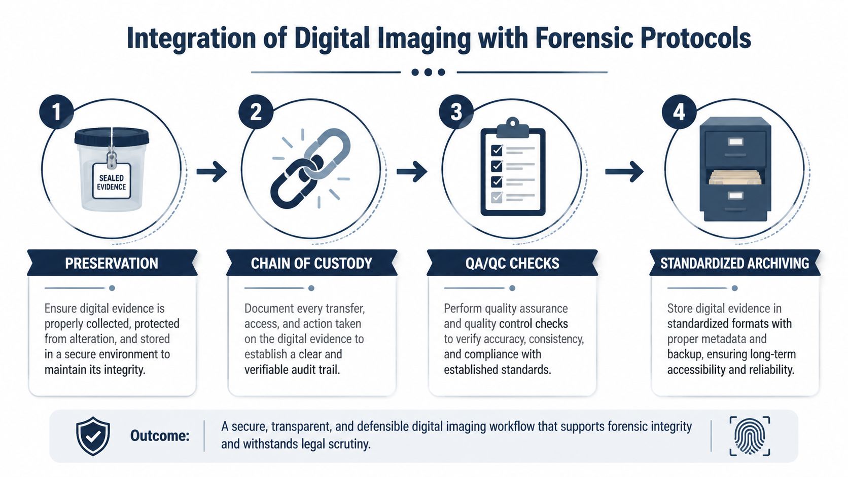 An infographic detailing the four-step process for integrating digital imaging into forensic evidence handling protocols.