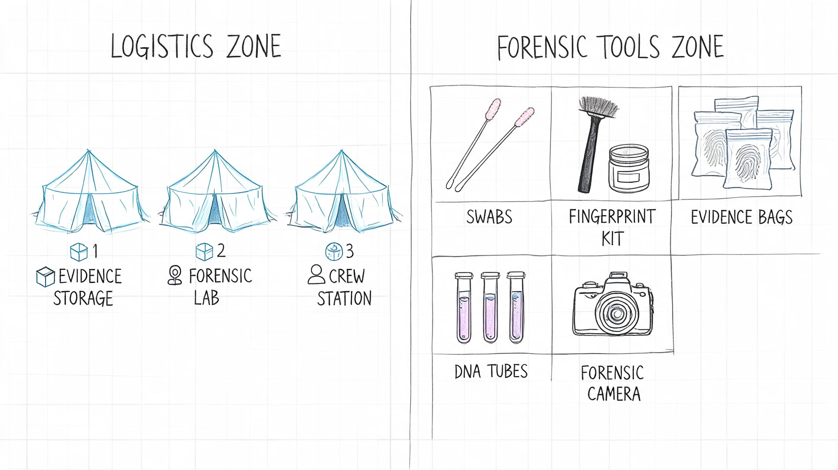 A diagram illustrating a disaster mortuary operational response team with logistics zone tents and various forensic investigative tools.