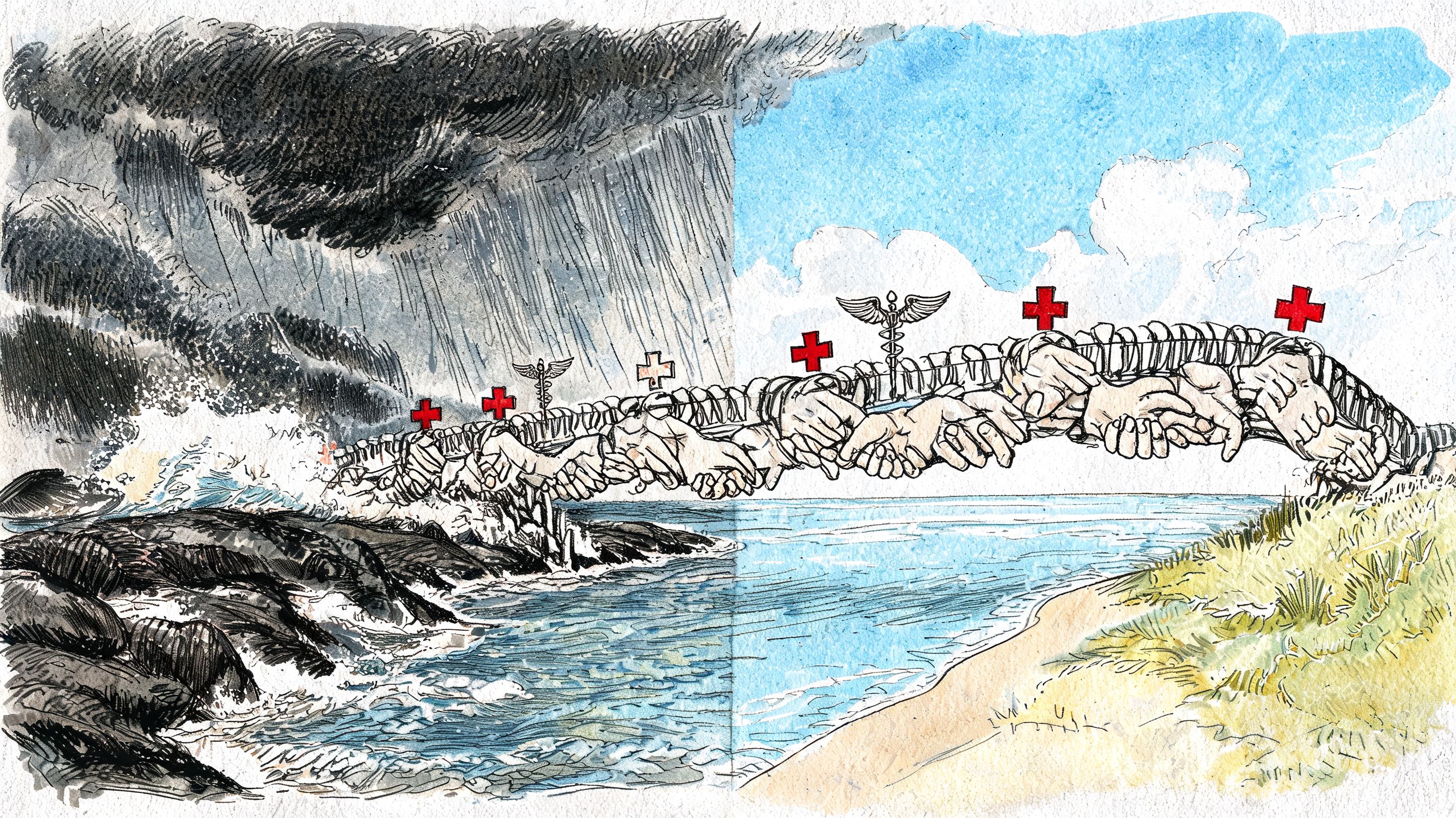 A bridge made of human hands and medical symbols connecting a stormy coast to sunny shores.