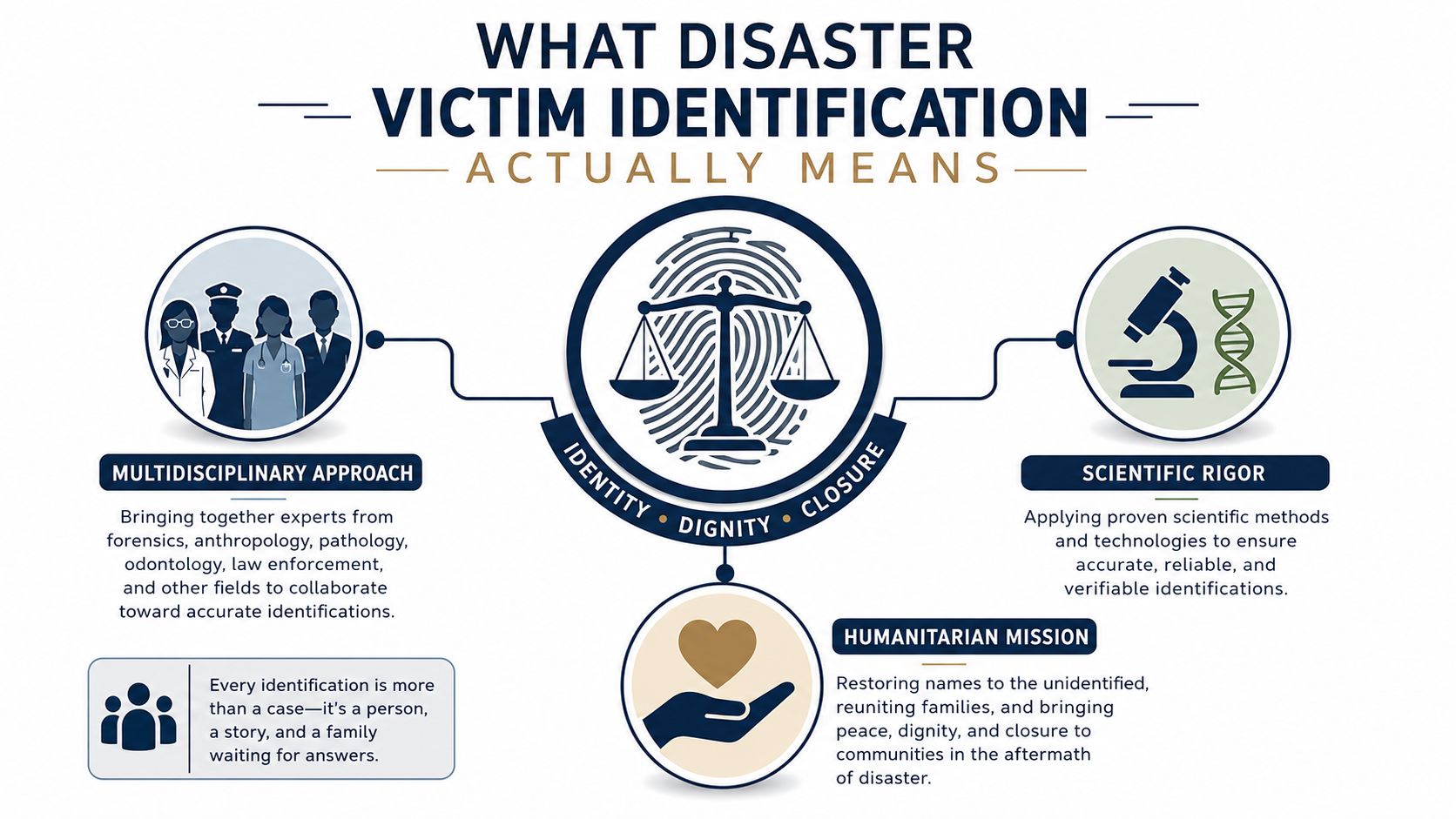 An infographic showing the multidisciplinary approach, scientific rigor, and humanitarian mission of disaster victim identification.