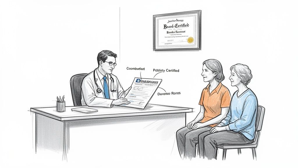 A male doctor consults with two female patients, discussing a document at his desk.