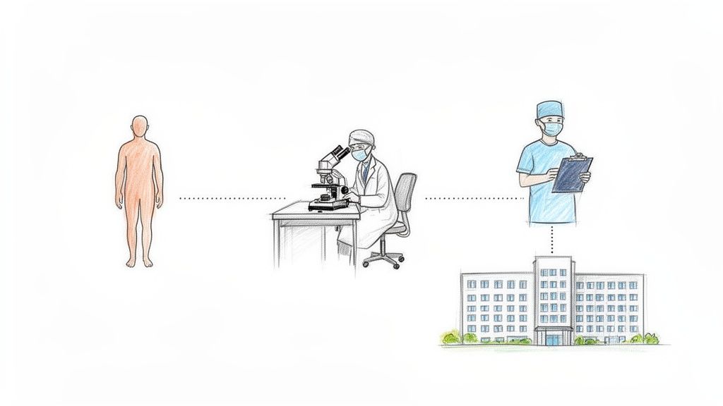 A medical process diagram showing a patient, pathologist with microscope, doctor with clipboard, and hospital.