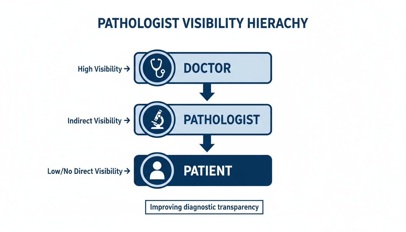 Diagram illustrating the pathologist visibility hierarchy from doctor to patient, emphasizing diagnostic transparency.